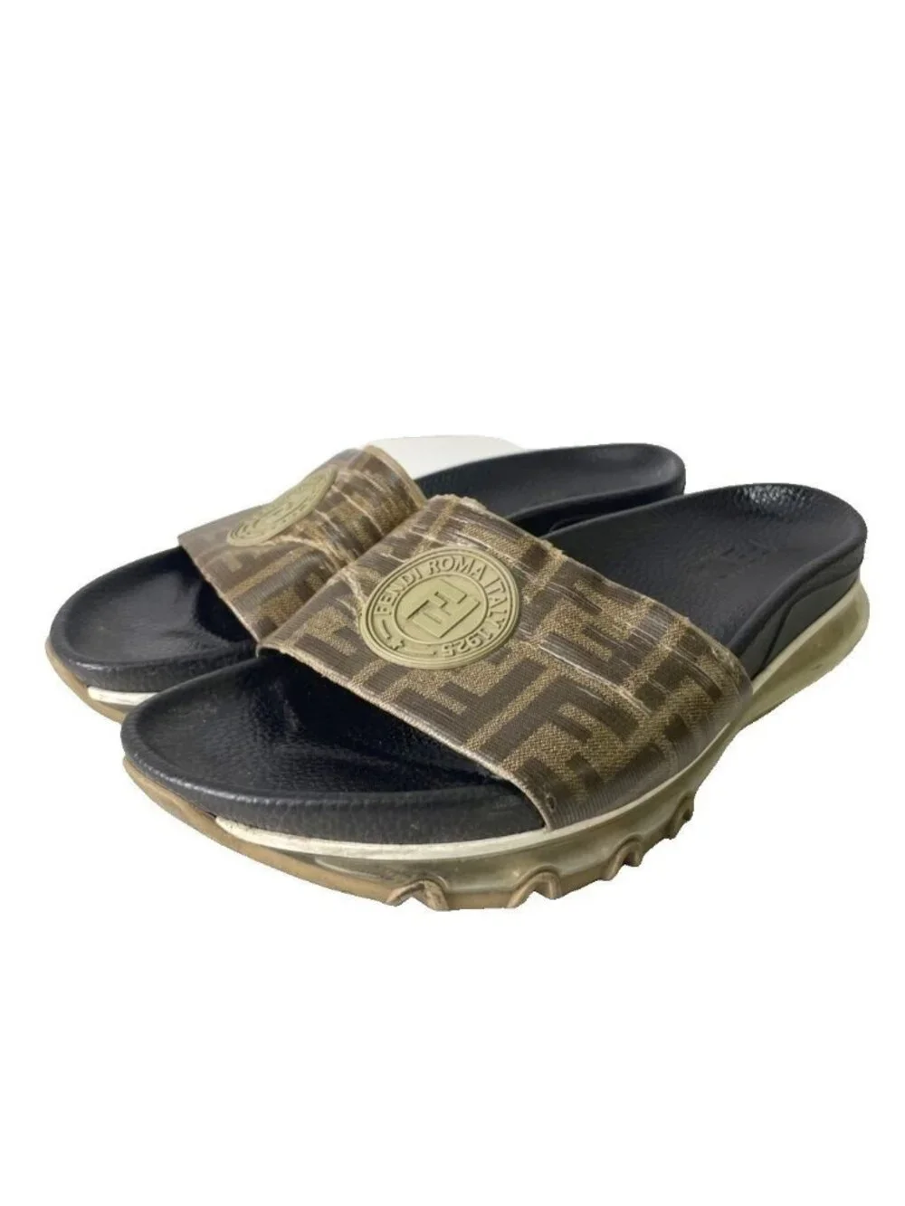 Fendi Slide Sandals Lava Logo Zucca Pattern 8 Brown